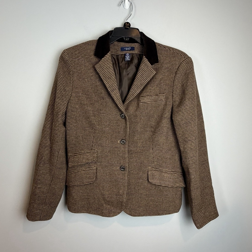 Chaps Womens Blazer Size 16 Wool Blend Brown Houndstooth Velvet Collar Jacket
